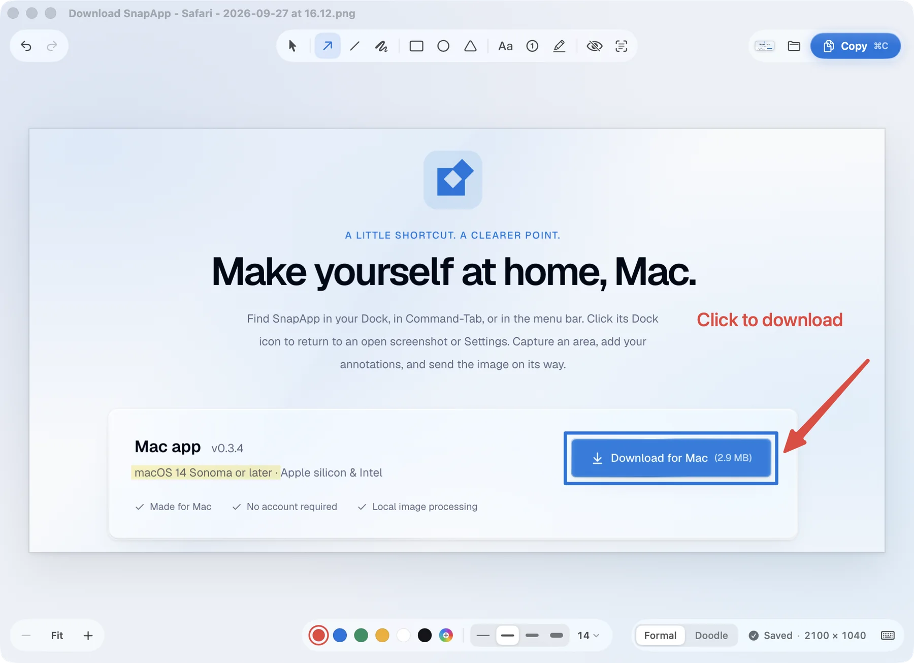 El editor de SnapApp en un Mac con el recorte de una página de descarga. Una flecha roja y la nota Click to download señalan el botón Download, y un resaltado amarillo marca el requisito de macOS.
